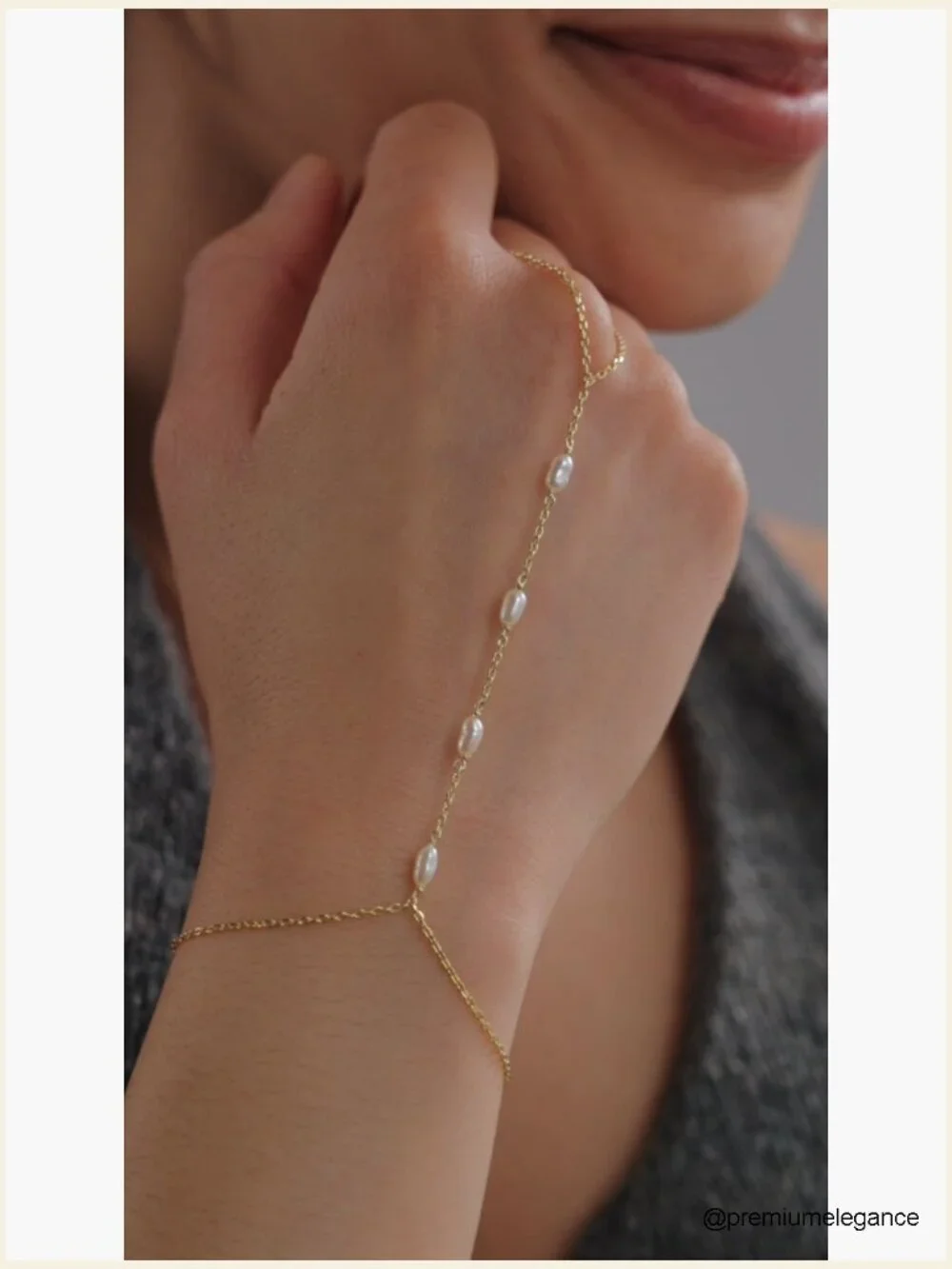 14K Gold Plated Hand Chain Bracelet with Ring and Pearls